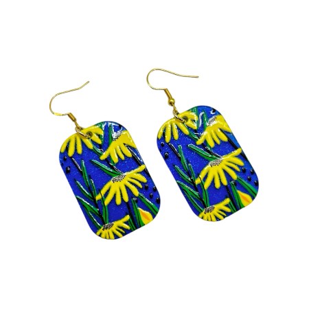 earrings steel gold blue with yellow flowers